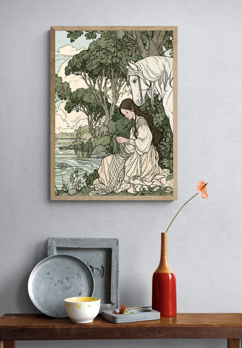 Girl and White Horse Illustration Poster. — room view 3
