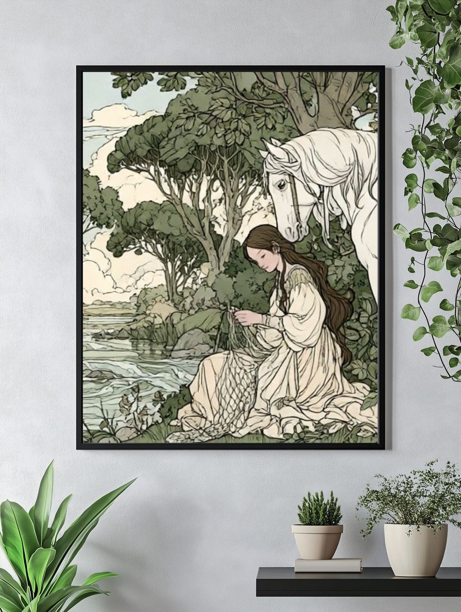 Girl and White Horse Illustration Poster. — room view 4