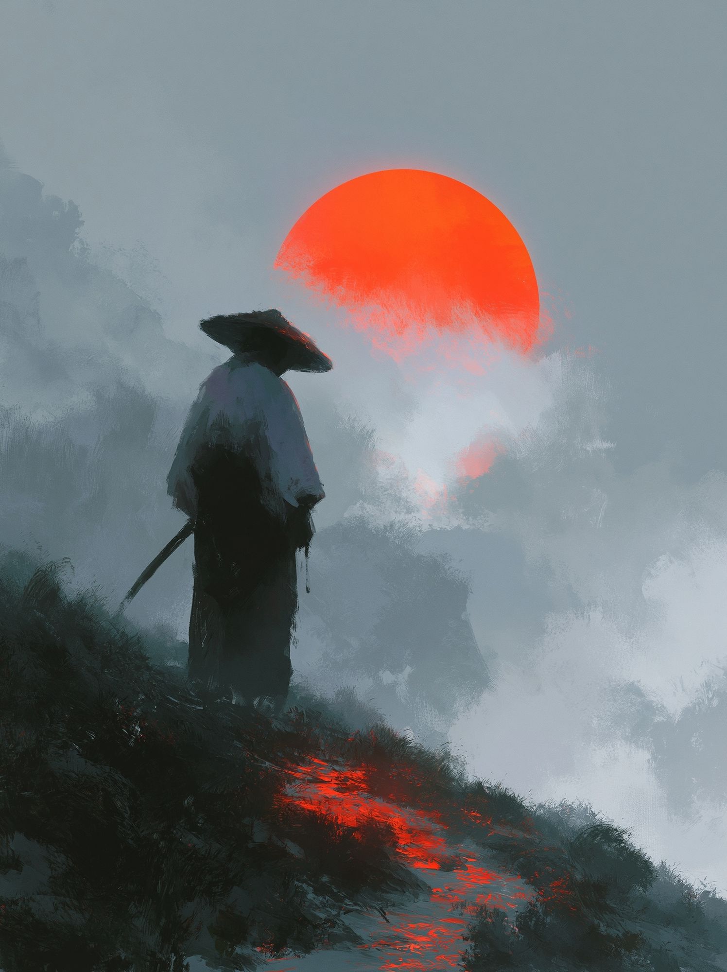 Samurai at Red Sun Digital Art Poster. poster detail