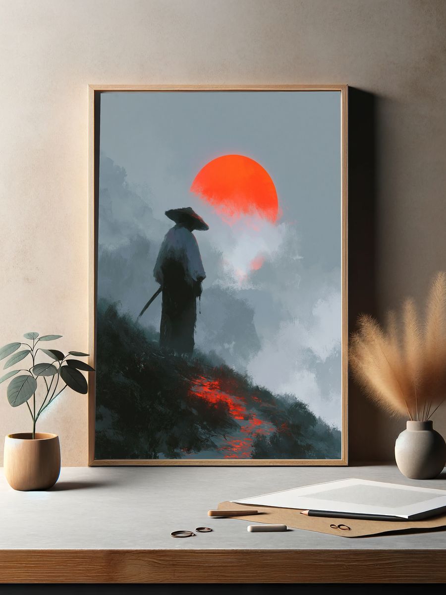 Samurai at Red Sun Digital Art Poster. — room view 2