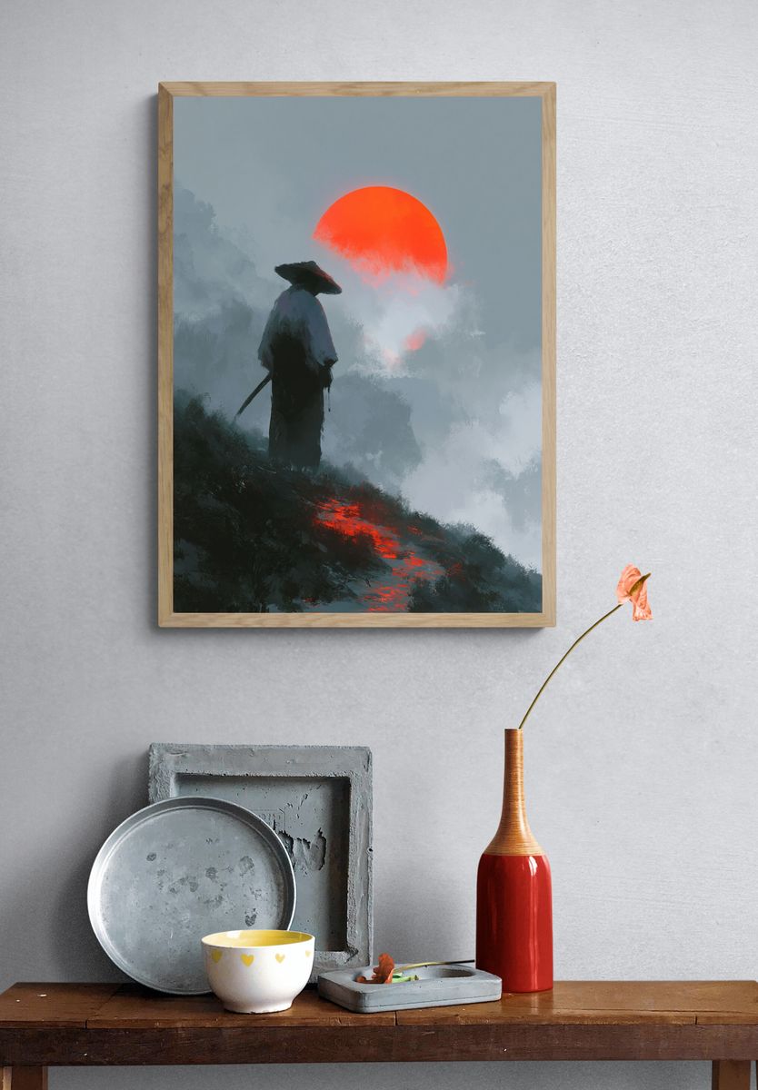 Samurai at Red Sun Digital Art Poster. — room view 3