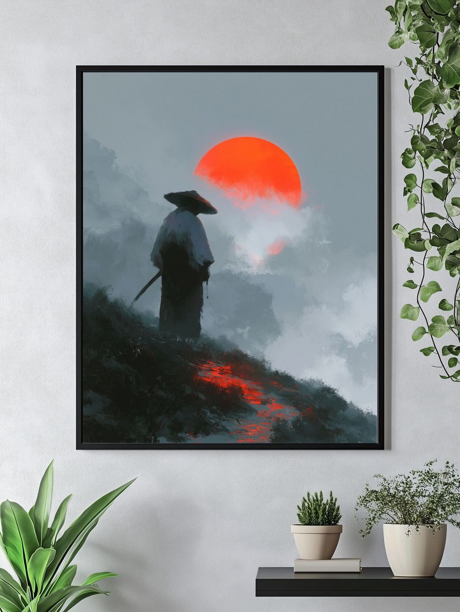 Samurai at Red Sun Digital Art Poster. — room view 4