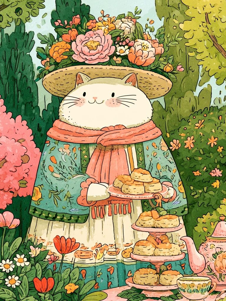 Garden Cat Tea Party Illustration Poster. poster — illustration art