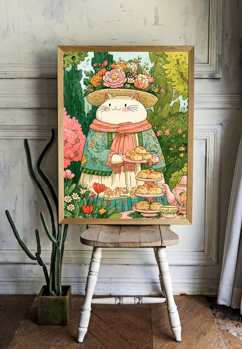 Garden Cat Tea Party Illustration Poster. — room view 1