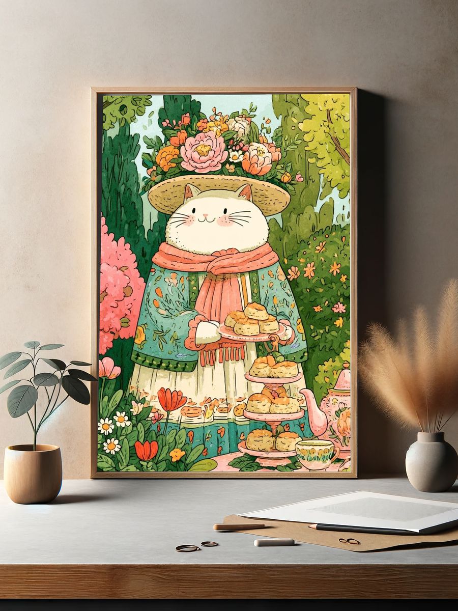 Garden Cat Tea Party Illustration Poster. — room view 2