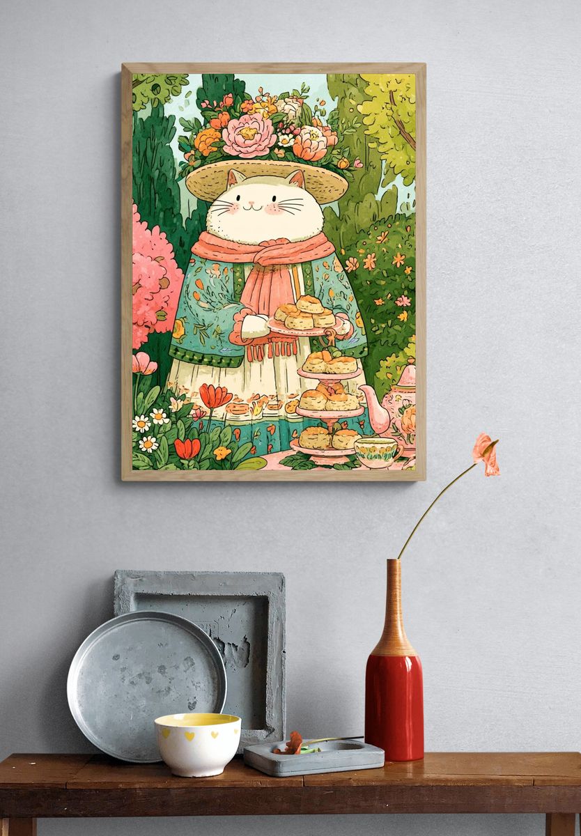 Garden Cat Tea Party Illustration Poster. — room view 3