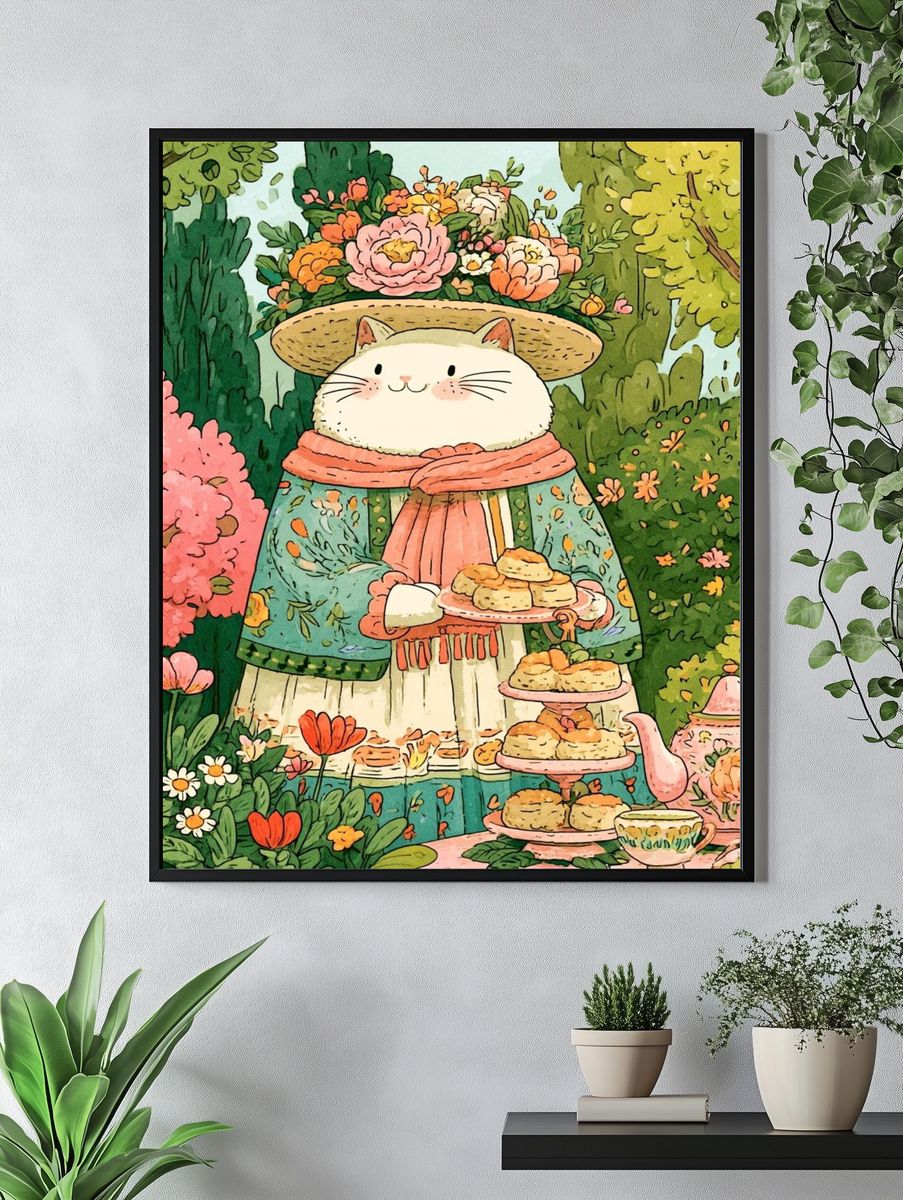 Garden Cat Tea Party Illustration Poster. — room view 4