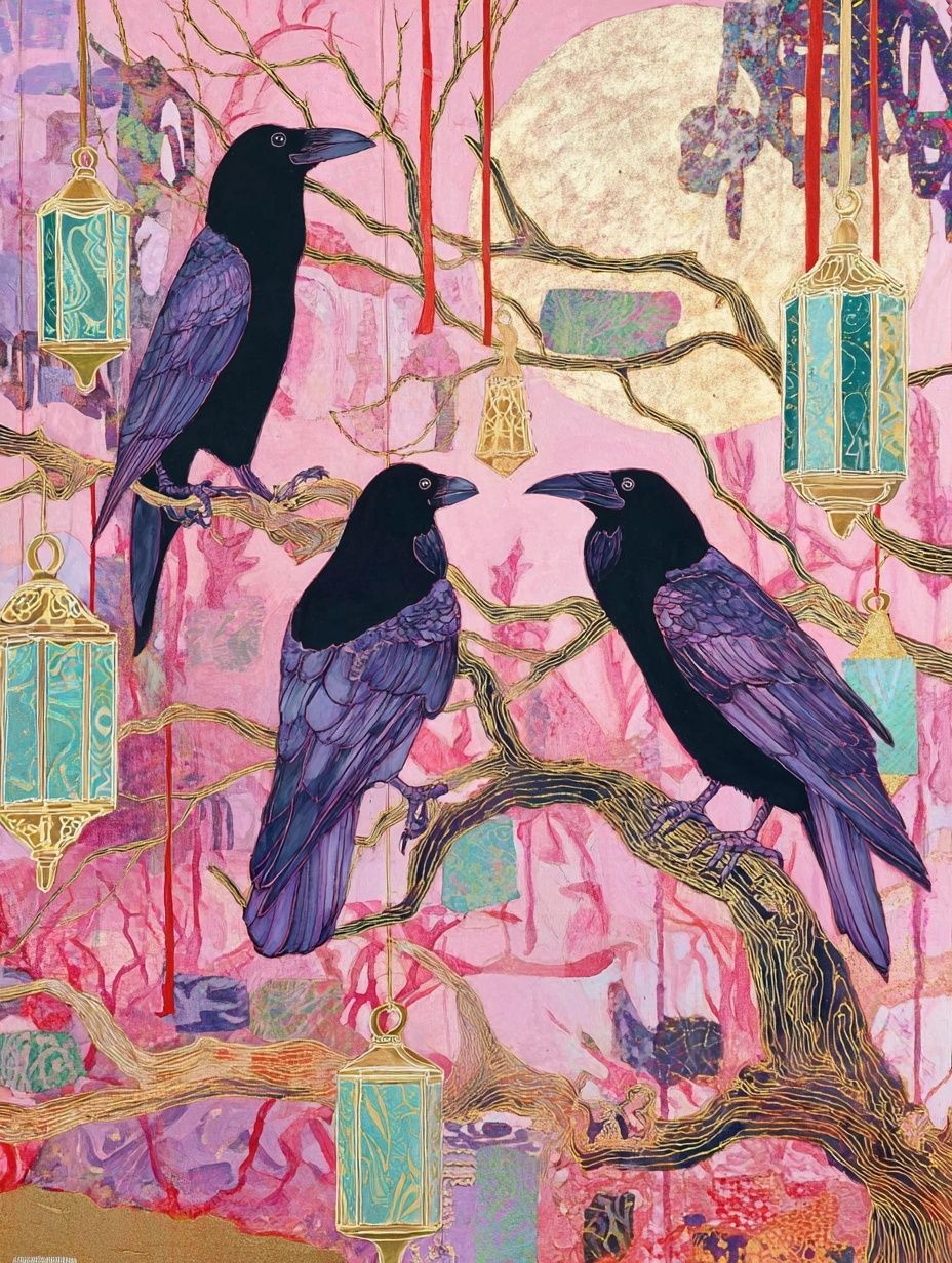 Crows in Pink Moonlight Illustration Poster. poster — illustration art