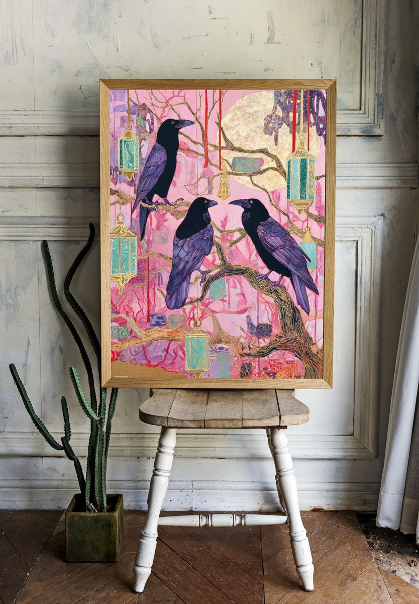 Crows in Pink Moonlight Illustration Poster room preview