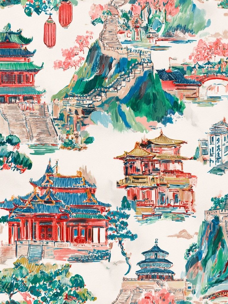Chinese Temple Landscape Illustration Print. poster detail