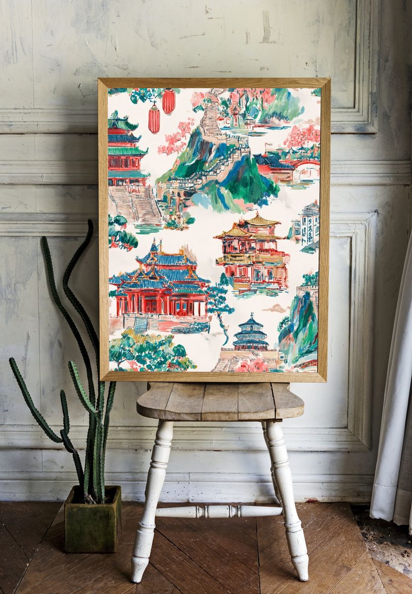Chinese Temple Landscape Illustration Print. room preview