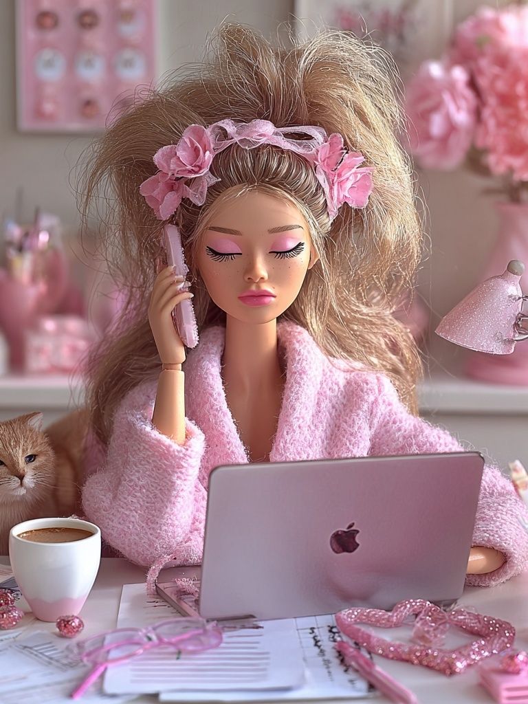 Pink Doll Desk Scene Illustration Print. poster detail