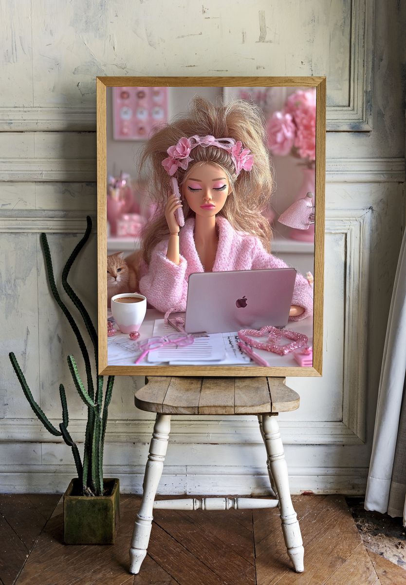 Pink Doll Desk Scene Illustration Print. room preview