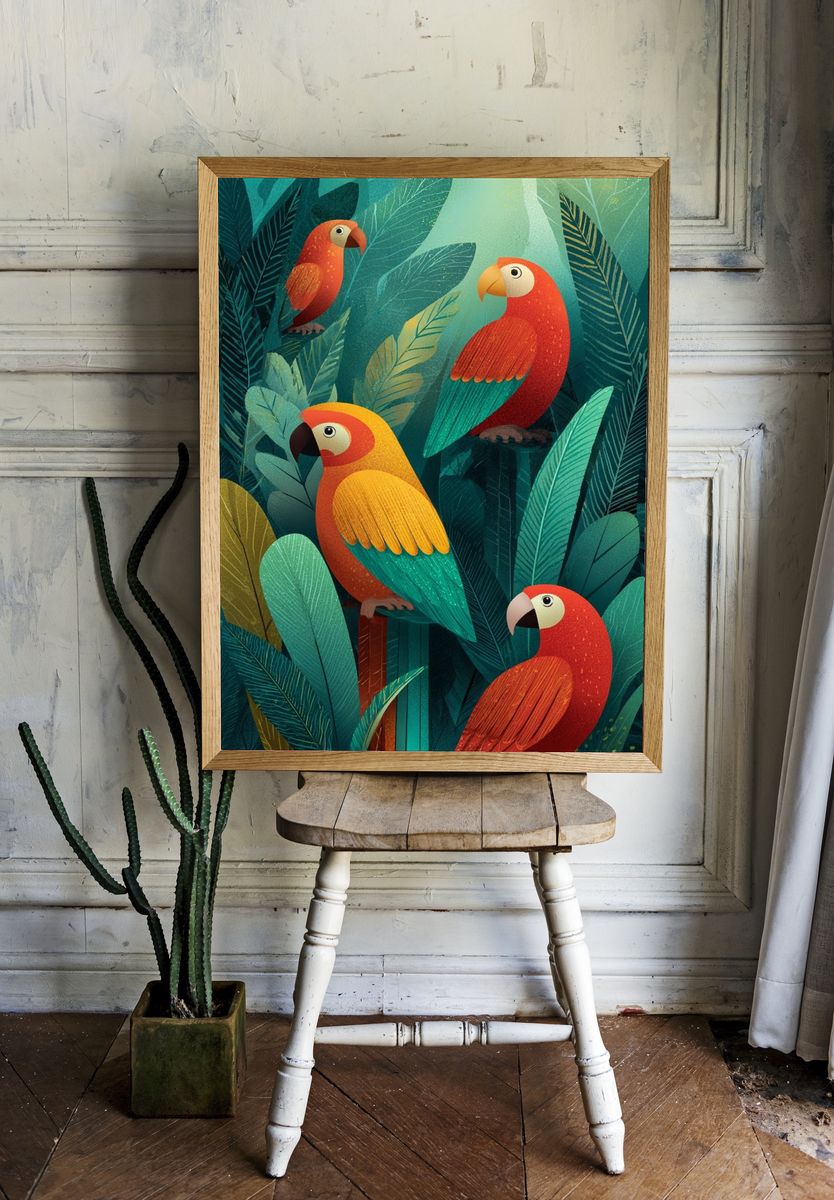 Tropical Parrots Illustration Poster. — room view 1