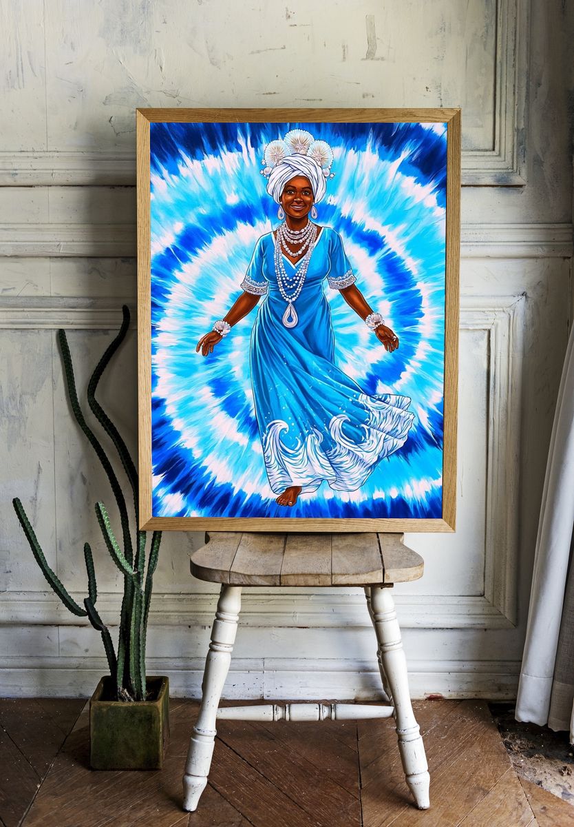 Blue Goddess Tie-Dye Illustration Poster. — room view 1