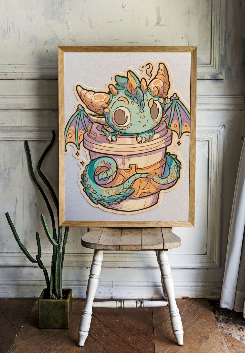 Cute Dragon in Cup Illustration Poster. — room view 1