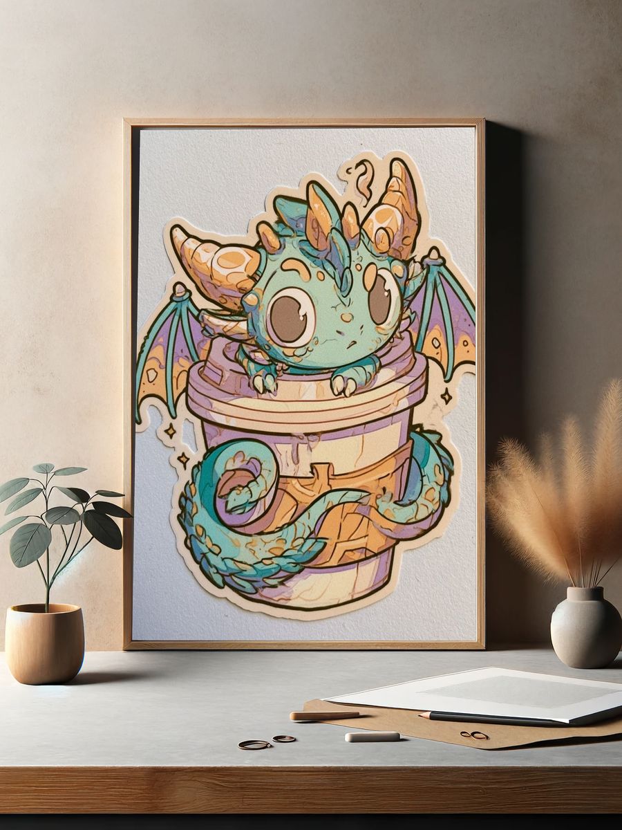 Cute Dragon in Cup Illustration Poster. — room view 2