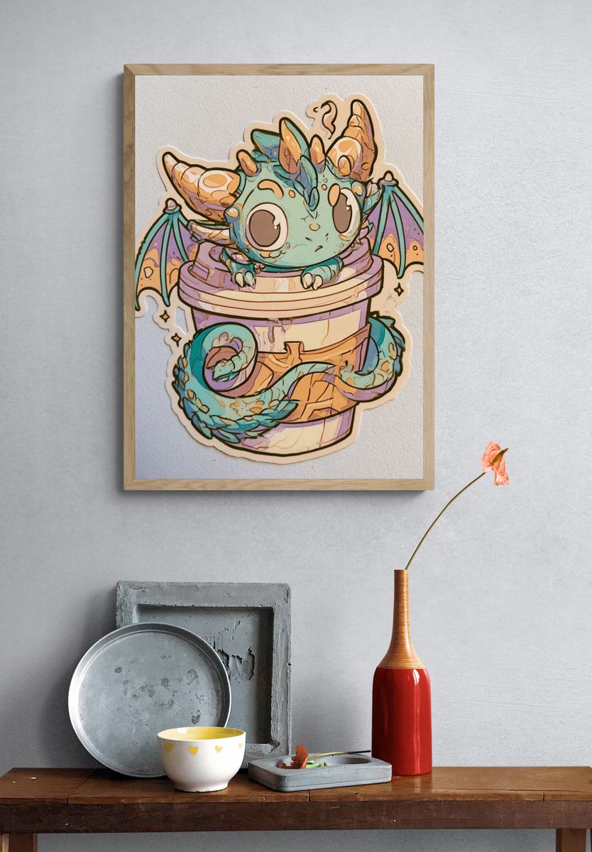 Cute Dragon in Cup Illustration Poster. — room view 3