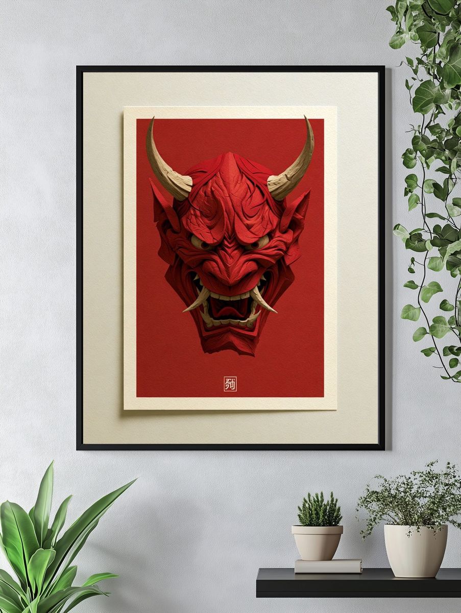 Red Oni Mask Illustration Poster. — room view 4