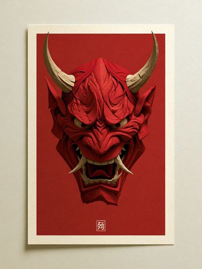 Red Oni Mask Illustration Poster.