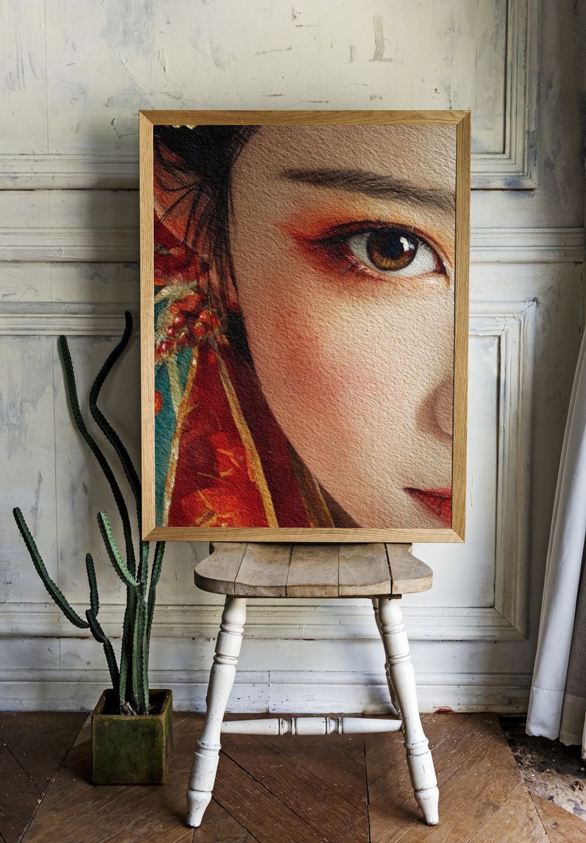 Geisha Portrait Watercolor Print. room preview