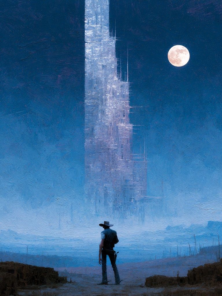 Lone Cowboy Under Moonlight Print. poster detail