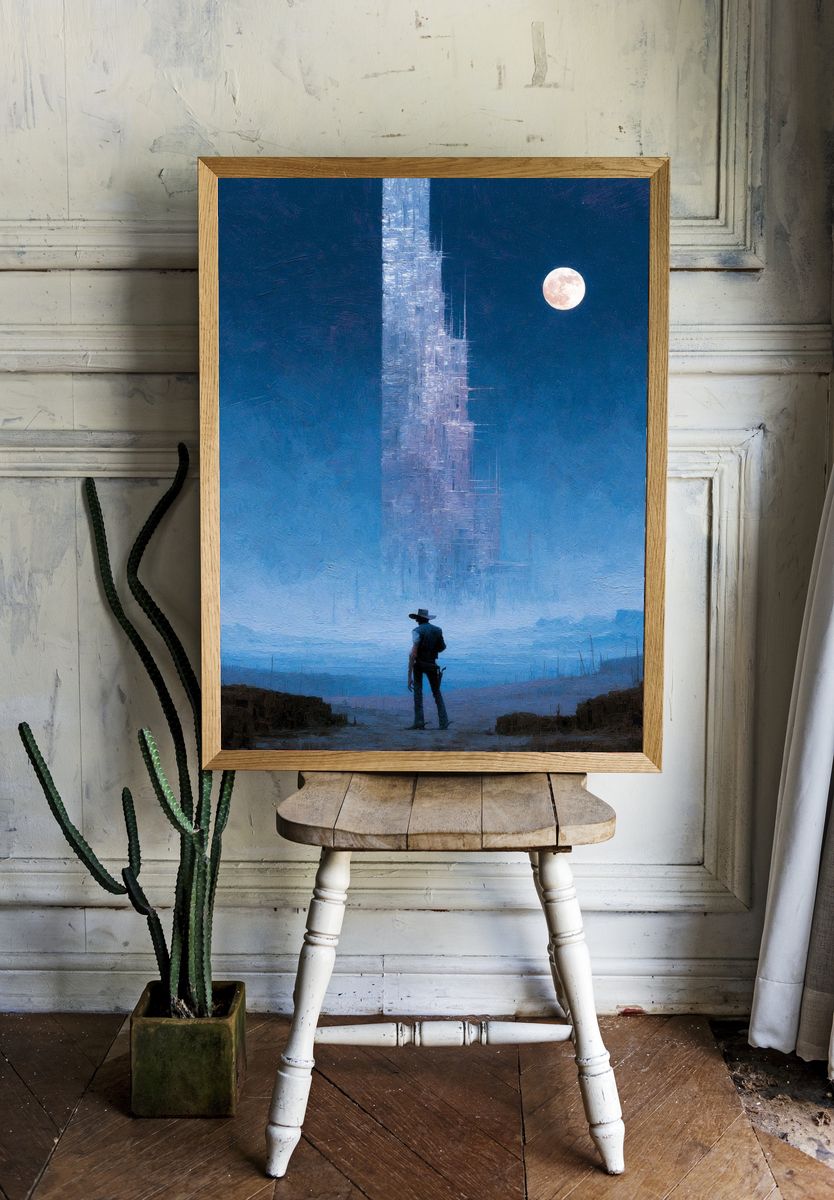 Lone Cowboy Under Moonlight Print. — room view 1