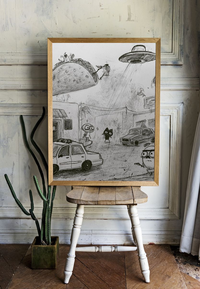 Surreal Taco Street Scene Print. room preview