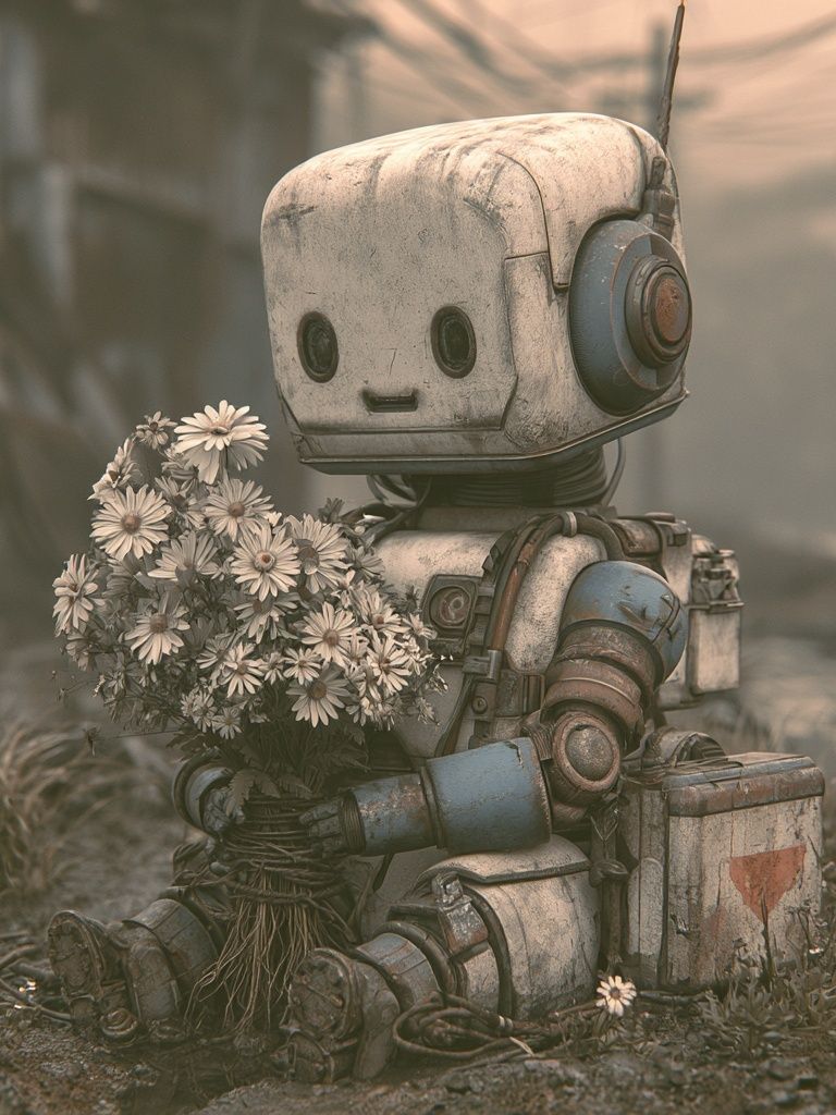 Robot with Flowers Illustration Poster. poster detail
