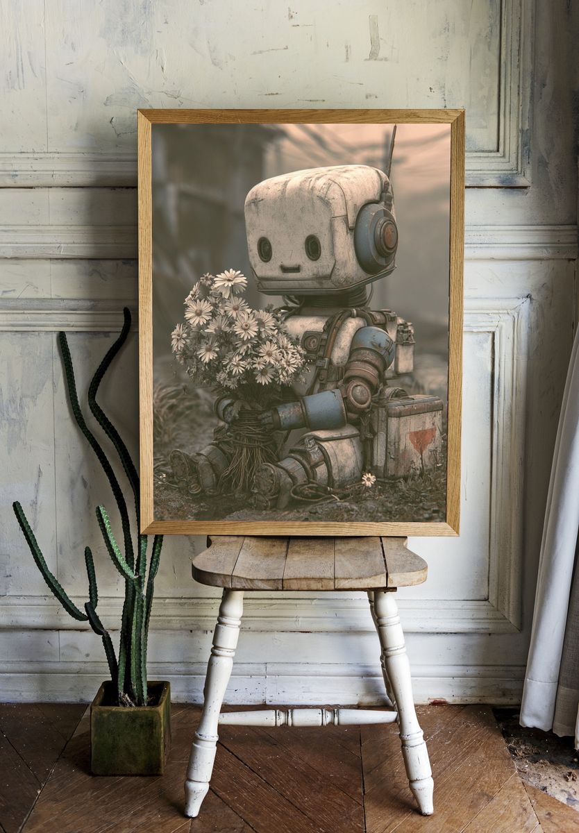 Robot with Flowers Illustration Poster. room preview