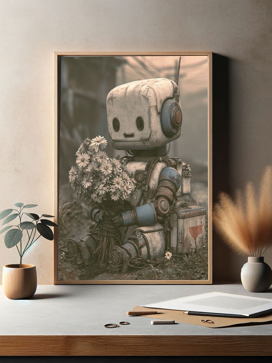 Robot with Flowers Illustration Poster. — room view 2