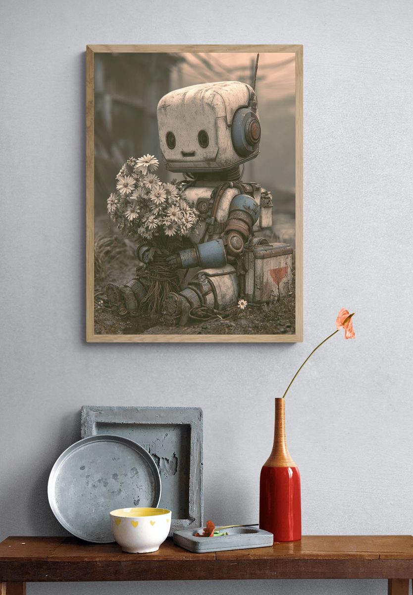 Robot with Flowers Illustration Poster. — room view 3