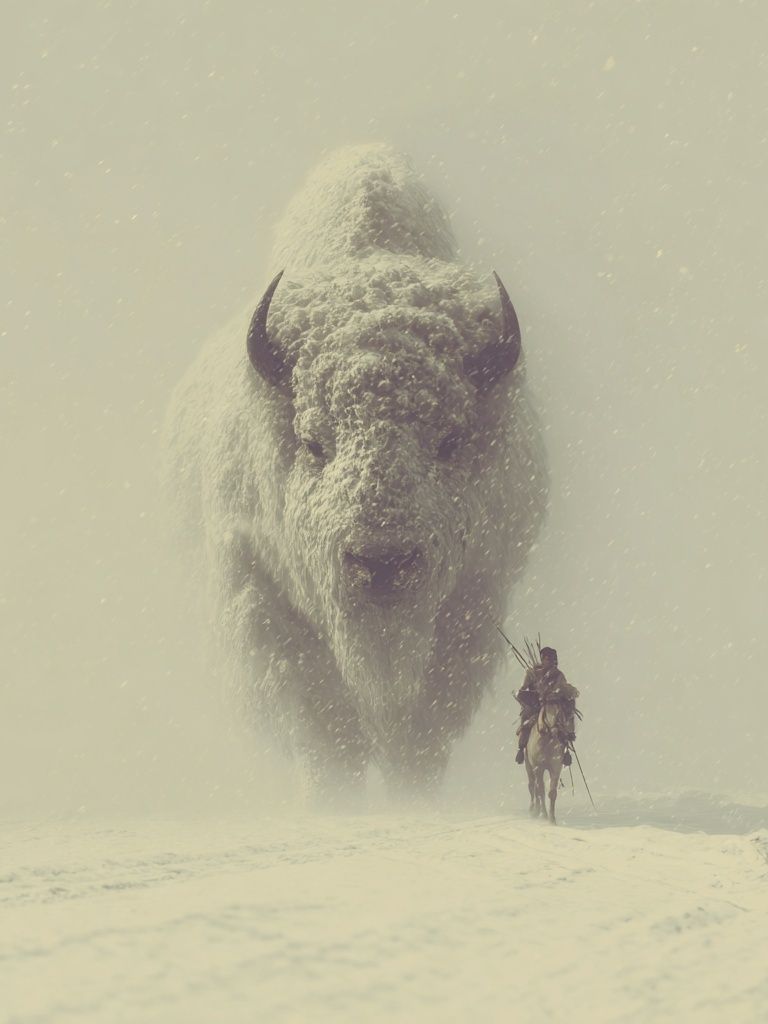 Snowy Buffalo Rider Fantasy Print. poster — illustration art