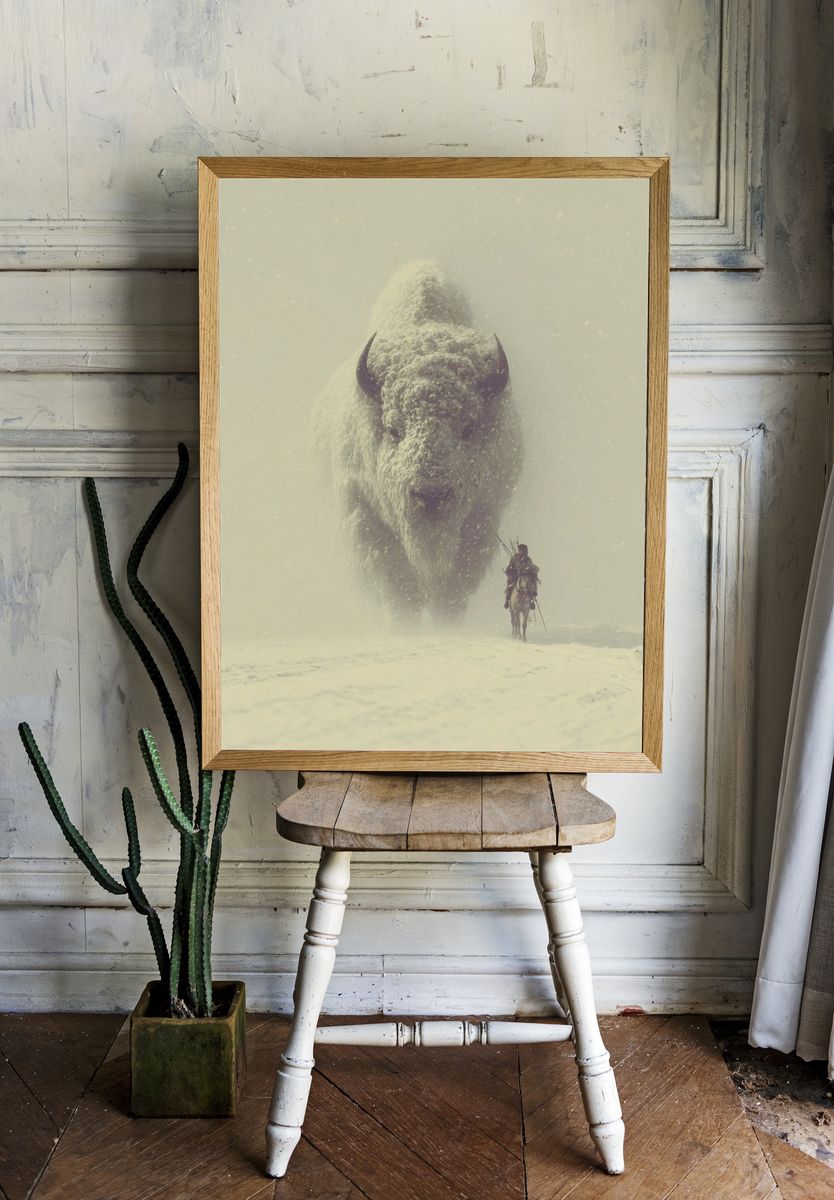 Snowy Buffalo Rider Fantasy Print. room preview