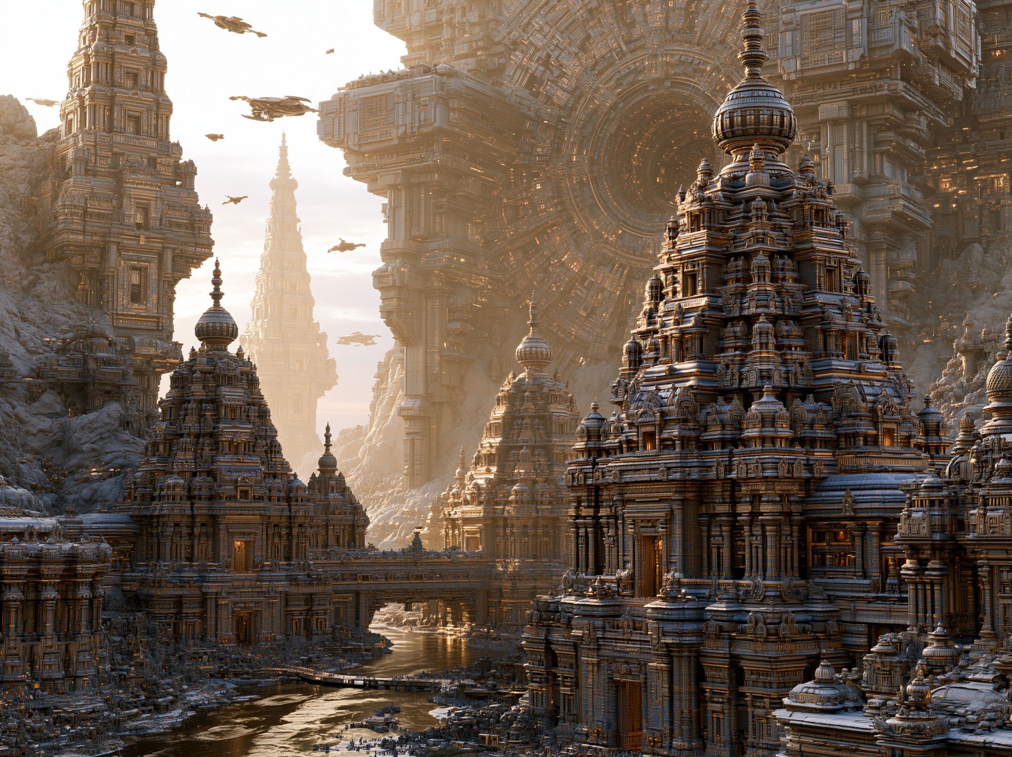 Futuristic Temple City Poster. poster detail