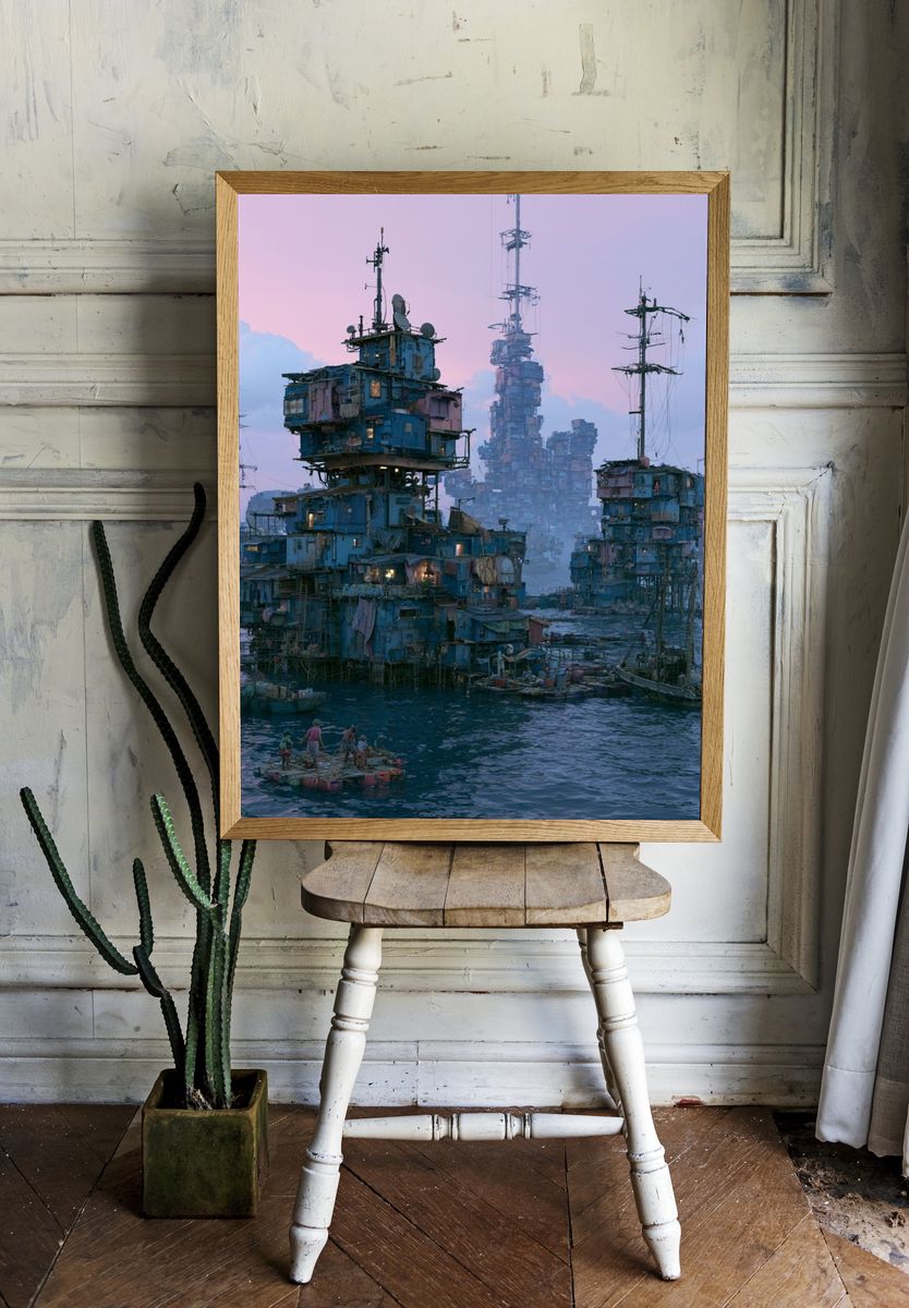 Floating Seastead Cityscape Print. room preview