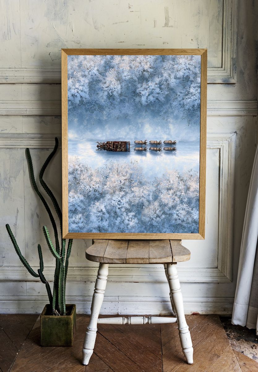 Winter Sleigh Over Snowy Forest Poster. — room view 1