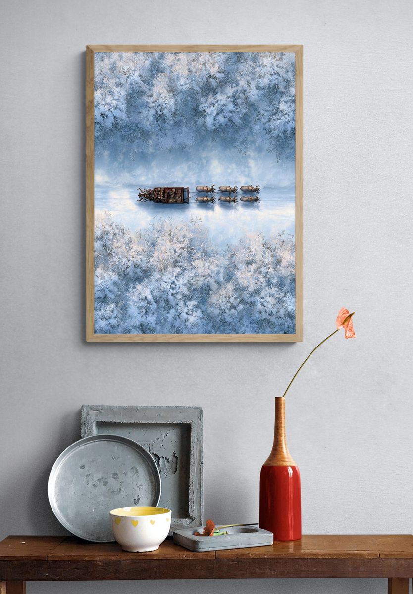 Winter Sleigh Over Snowy Forest Poster. — room view 3