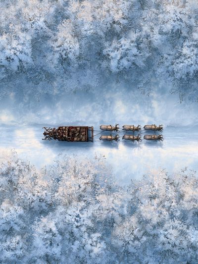 Winter Sleigh Over Snowy Forest Poster. poster print