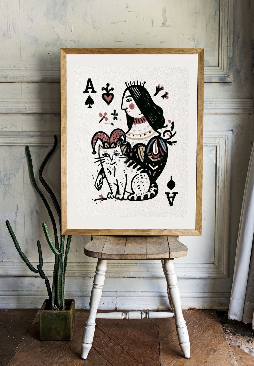 Queen of Spades Cat Illustration Poster. room preview