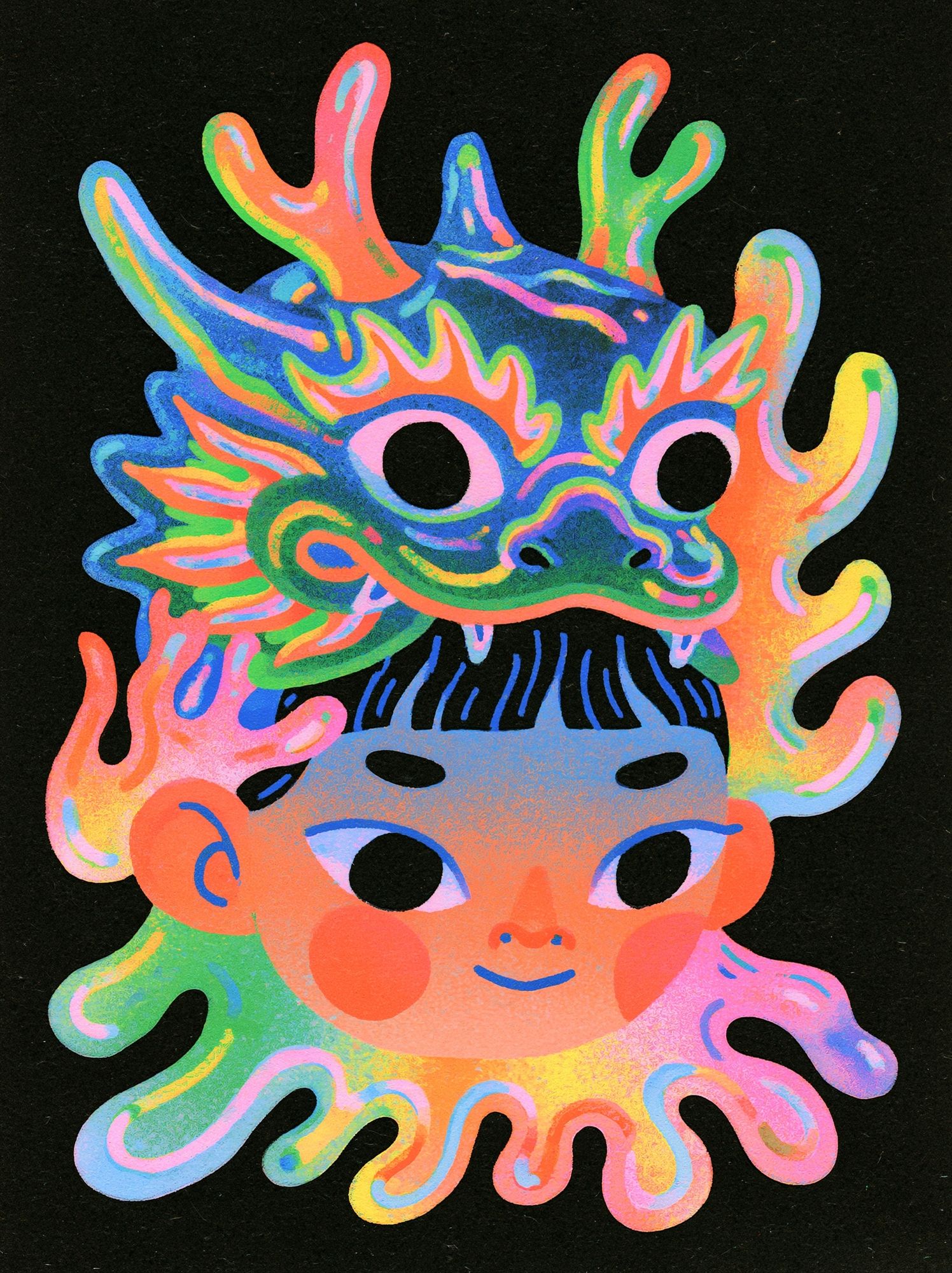 Neon Dragon Mask Illustration Poster. poster — illustration art