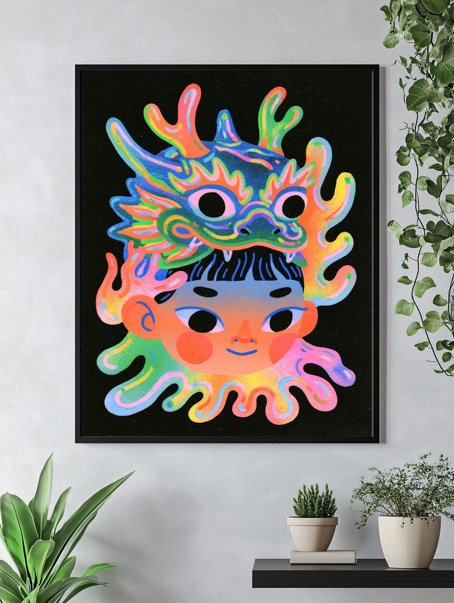 Neon Dragon Mask Illustration Poster. — room view 4