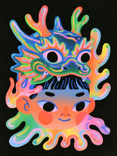 Neon Dragon Mask Illustration Poster.