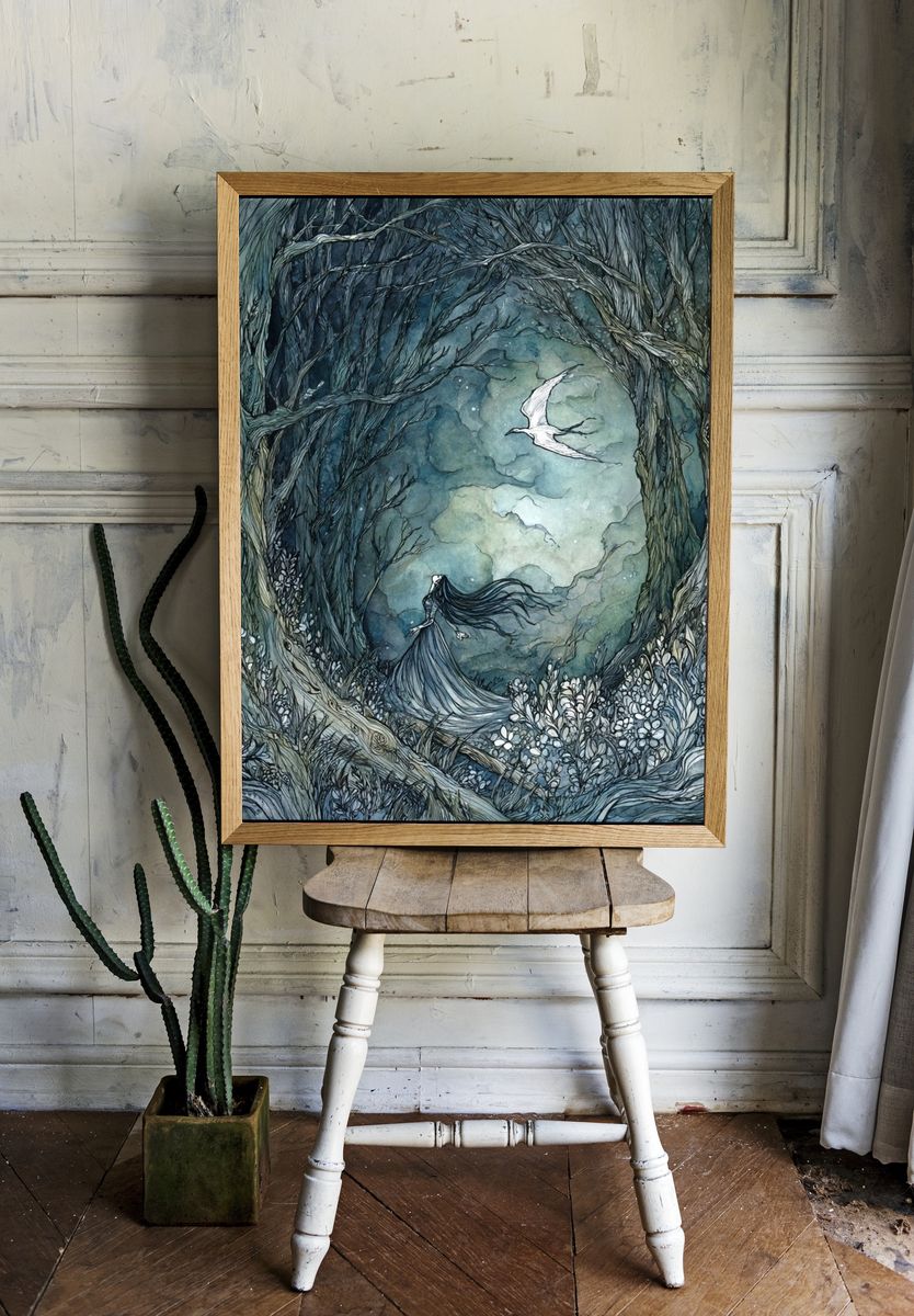Moonlit Forest Spirit Illustration Poster. room preview