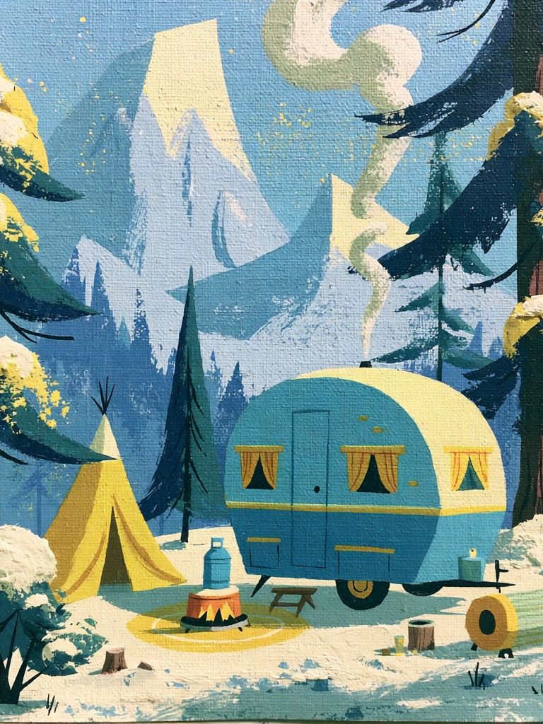 Snowy Mountain Camp Illustration Poster. poster — illustration art