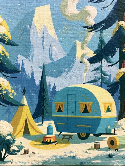 Snowy Mountain Camp Illustration Poster.