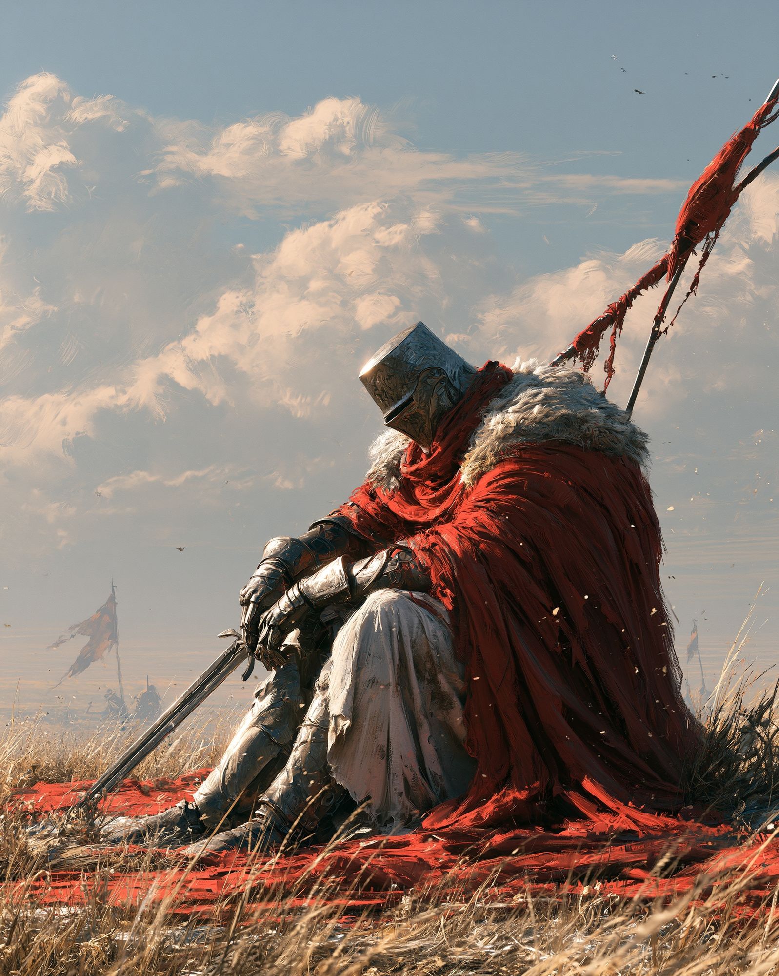 Armored Knight in Red Cloak Print. poster detail