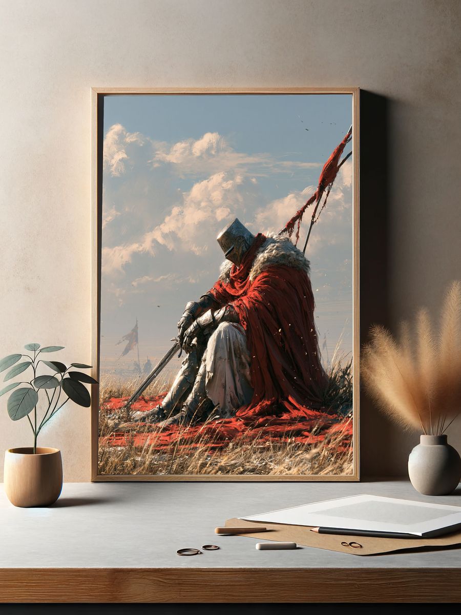 Armored Knight in Red Cloak Print. — room view 2