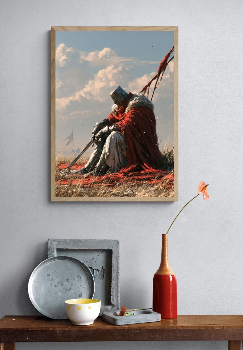 Armored Knight in Red Cloak Print. — room view 3