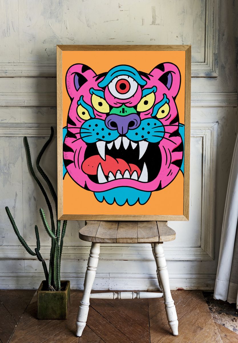 Neon Tiger Head Illustration Poster. room preview
